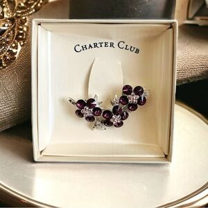 NIB Brooch Charter Club SilverTone Purple Clear Crystal Flower Brooch Pin Brooch